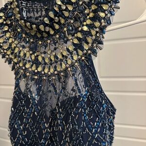 Rachel Allan Navy and Gold Beaded Dress